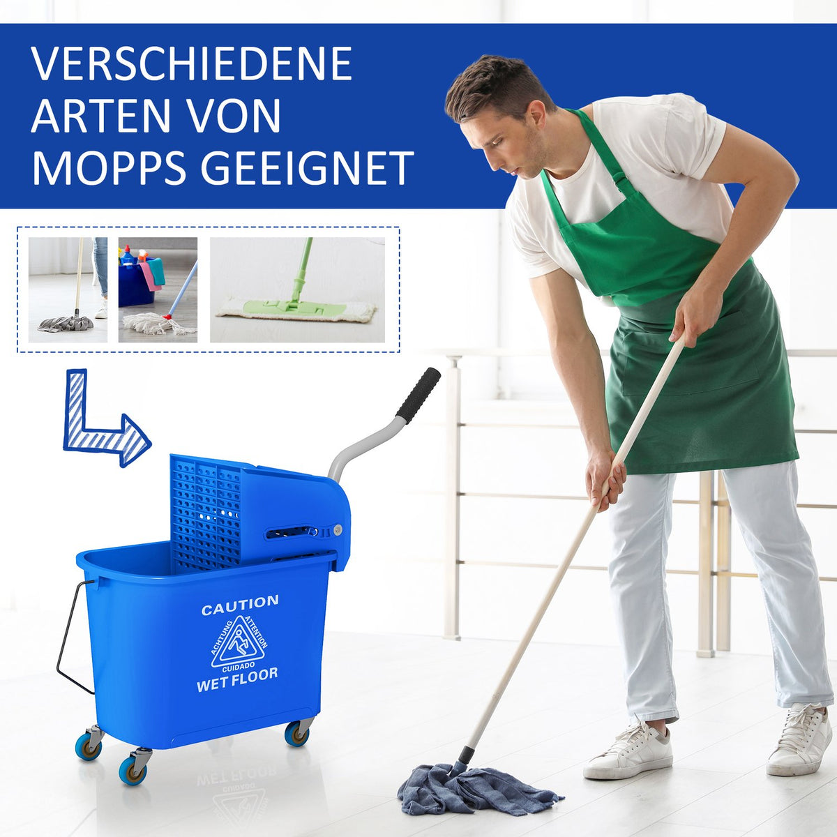 Cleaning Trolley Washing Bucket Household 20 L with Spinner and Separator for Clean Dirty Water Blue 60L x 27W x 70.5H cm