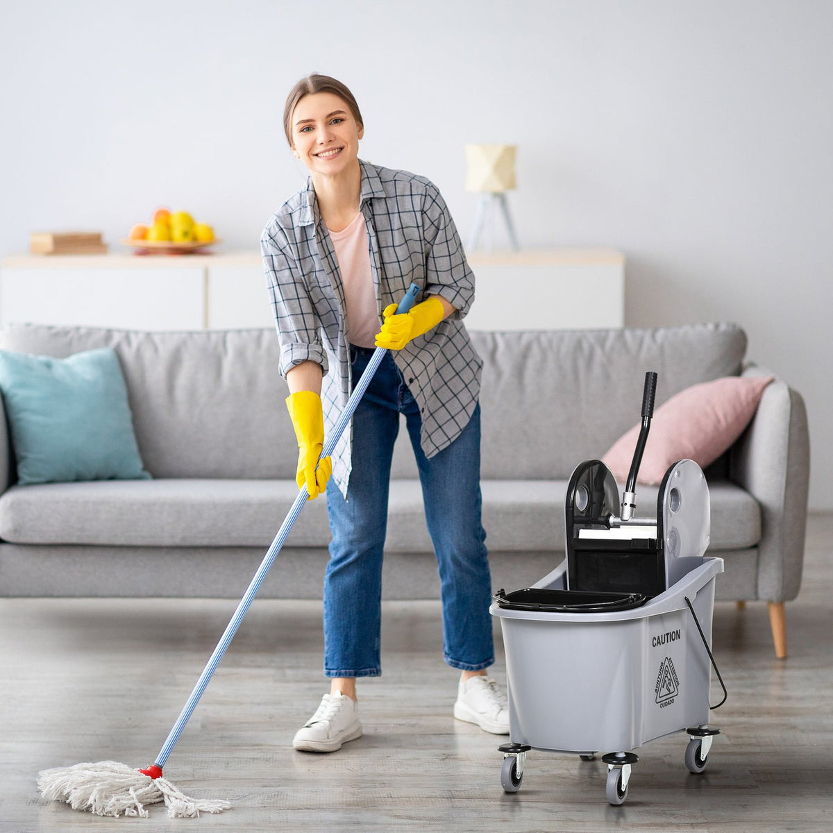 Cleaning trolley 36 liter mobile bucket cleaning bucket wiping trolley with wringing device, grey, 54 x 41 x 91.5 cm