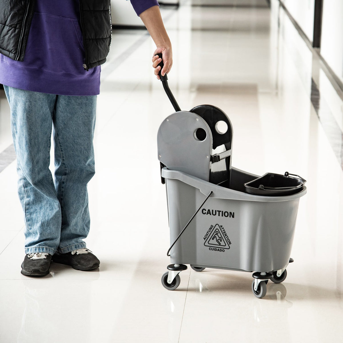 Cleaning trolley 36 liter mobile bucket cleaning bucket wiping trolley with wringing device, grey, 54 x 41 x 91.5 cm