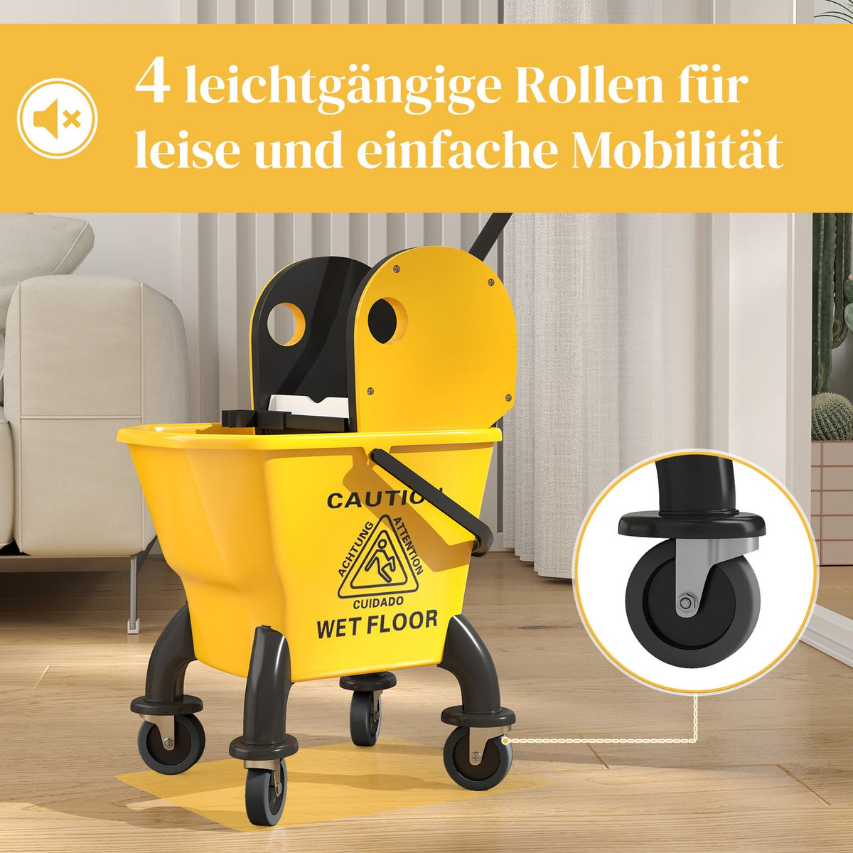 Cleaning trolley cleaning trolley 26 liter bucket with press, wiping trolley with handle and mop for building cleaning yellow