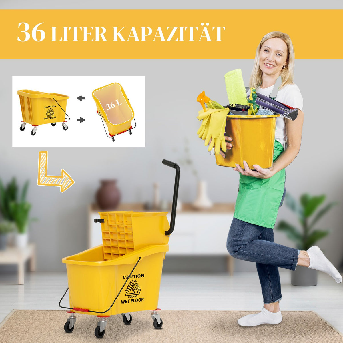 Cleaning trolley cleaning trolley 36 liter bucket with press, household trolley with mop and handle for building cleaning, office cleaning yellow