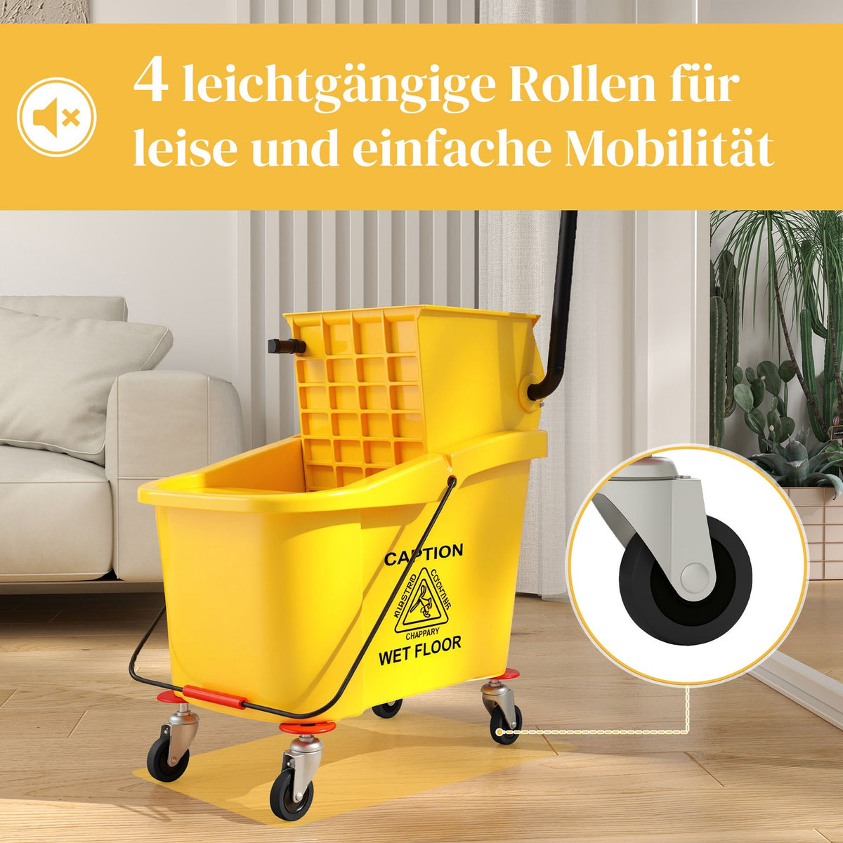 Cleaning trolley cleaning trolley 36 liter bucket with press, household trolley with mop and handle for building cleaning, office cleaning yellow