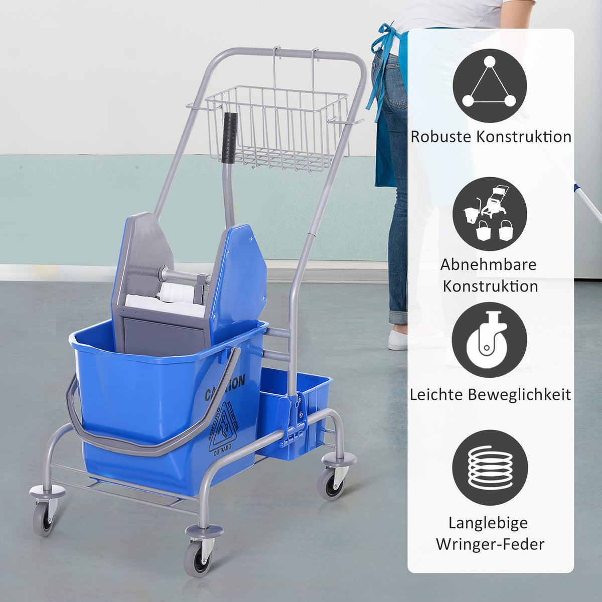 Cleaning trolley, cleaning trolley, mobile bucket, cleaning bucket, 25 liter mopping trolley with wringer, hook for mop, household trolley with 4 wheels, blue