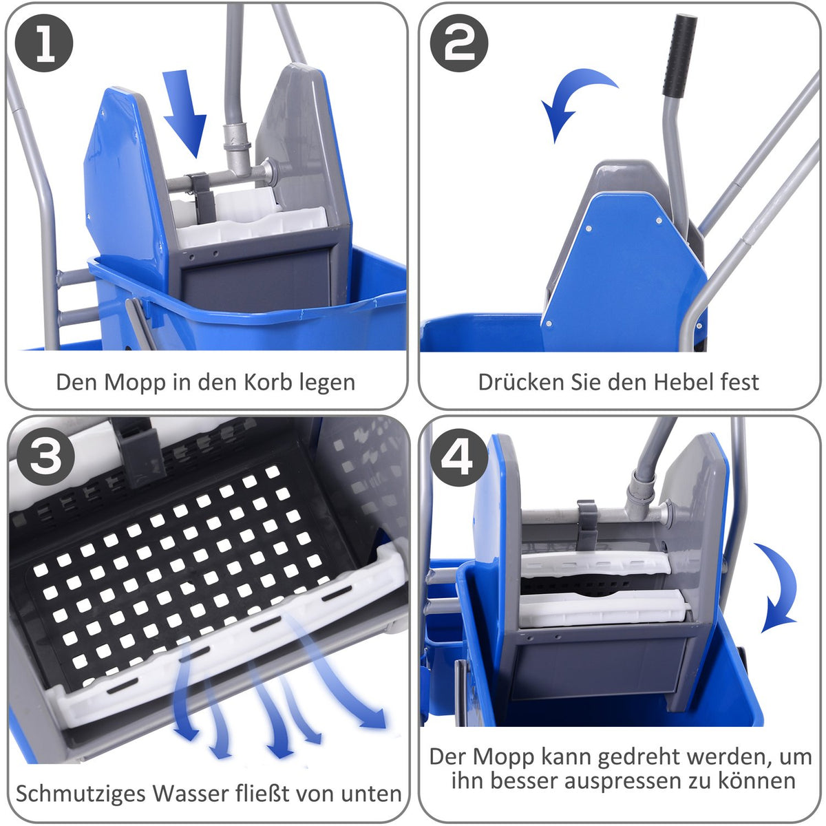 Cleaning trolley, cleaning trolley, mobile bucket, cleaning bucket, 25 liter mopping trolley with wringer, hook for mop, household trolley with 4 wheels, blue
