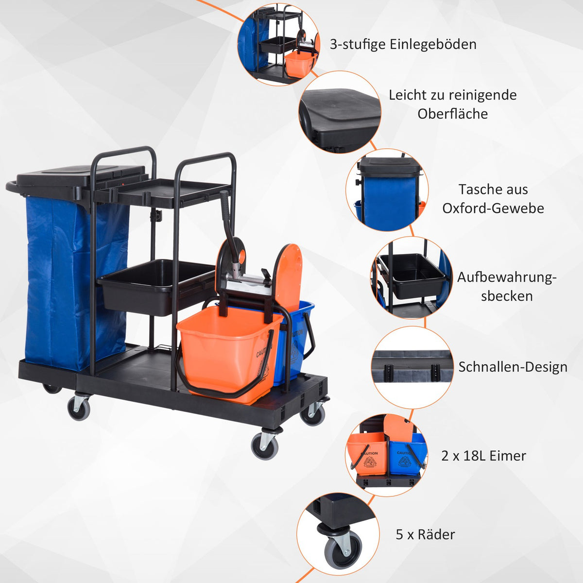 Cleaning trolley cleaning trolley with 4 wheels, system trolley for professional cleaning, black/blue/orange, 111x63.3x103cm