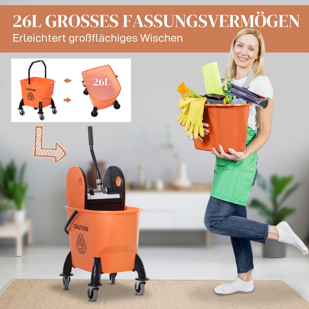 Cleaning trolley, cleaning trolley with wringer, 26 liter cleaning bucket, mobile bucket, wiping trolley, hook for mop, household trolley with 4 wheels, orange