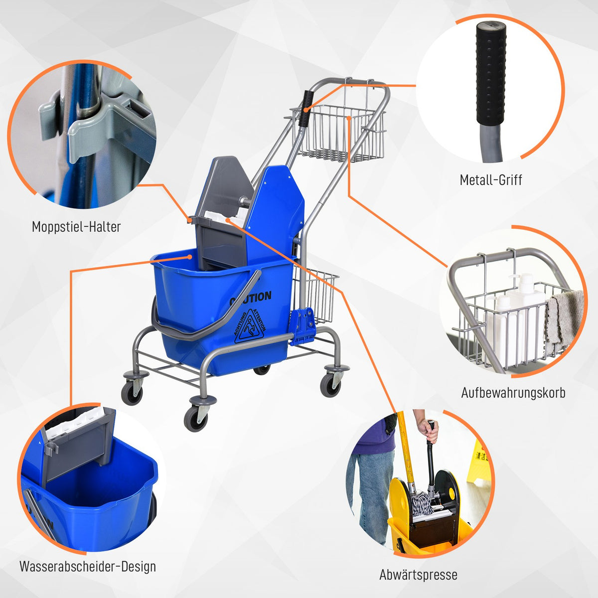 Cleaning trolley household trolley professional baking press bucket 26 L + storage basket blue 73L x 45W x 95H cm