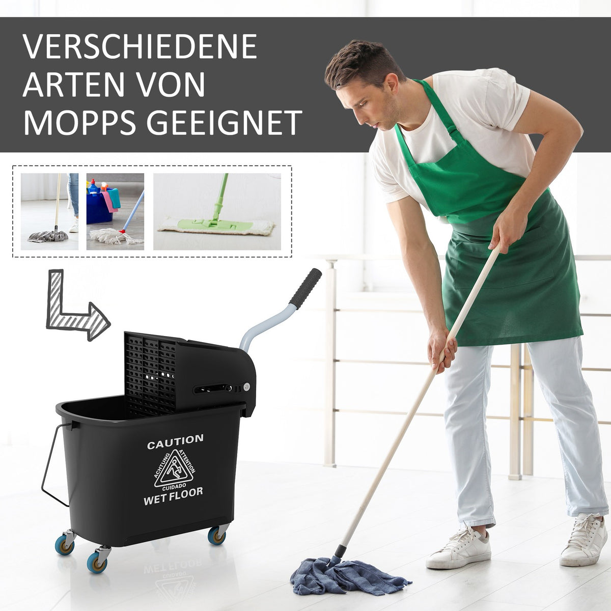 Cleaning trolley, mobile bucket, cleaning bucket, 20 liters, wiping trolley with press, 2 chambers, black