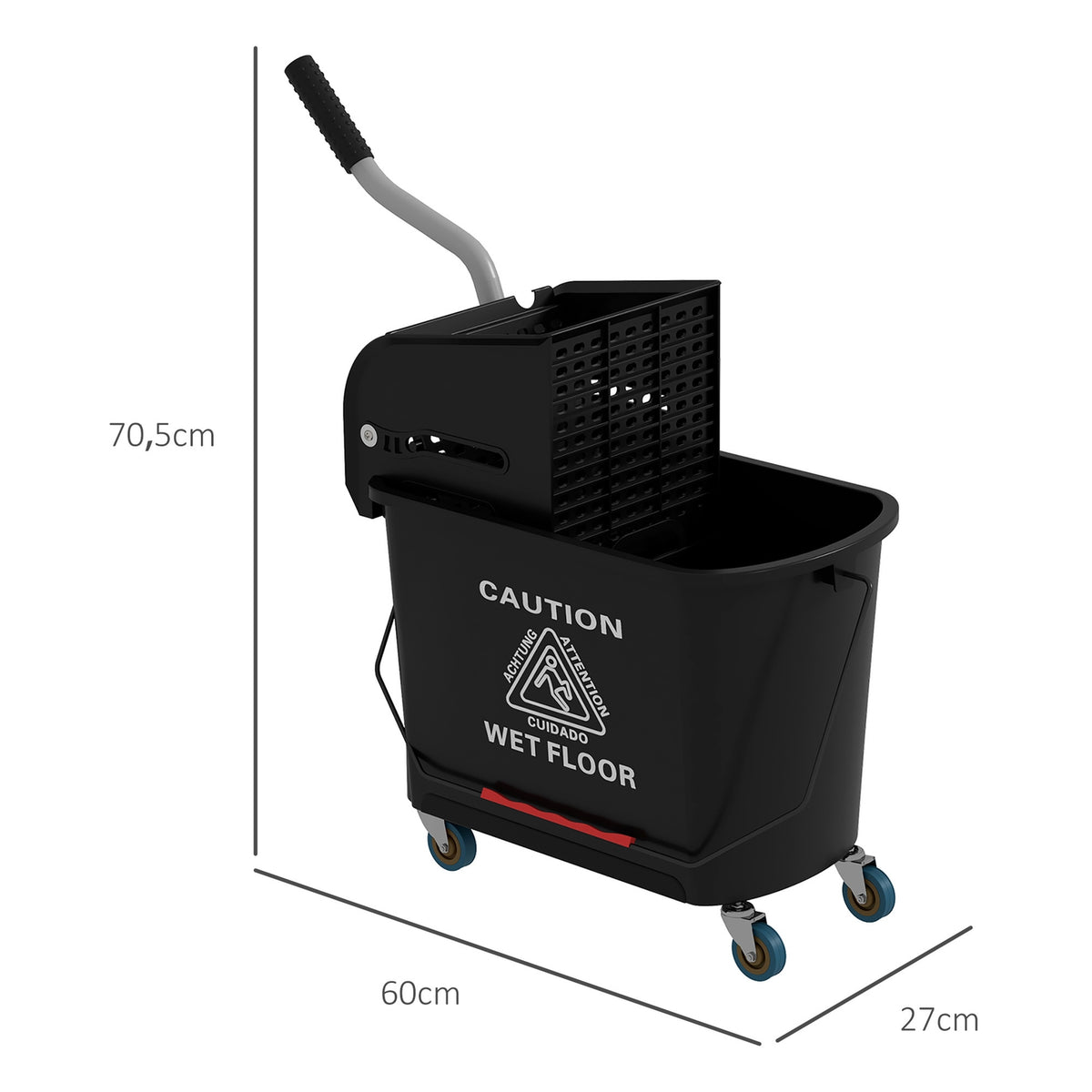 Cleaning trolley, mobile bucket, cleaning bucket, 20 liters, wiping trolley with press, 2 chambers, black