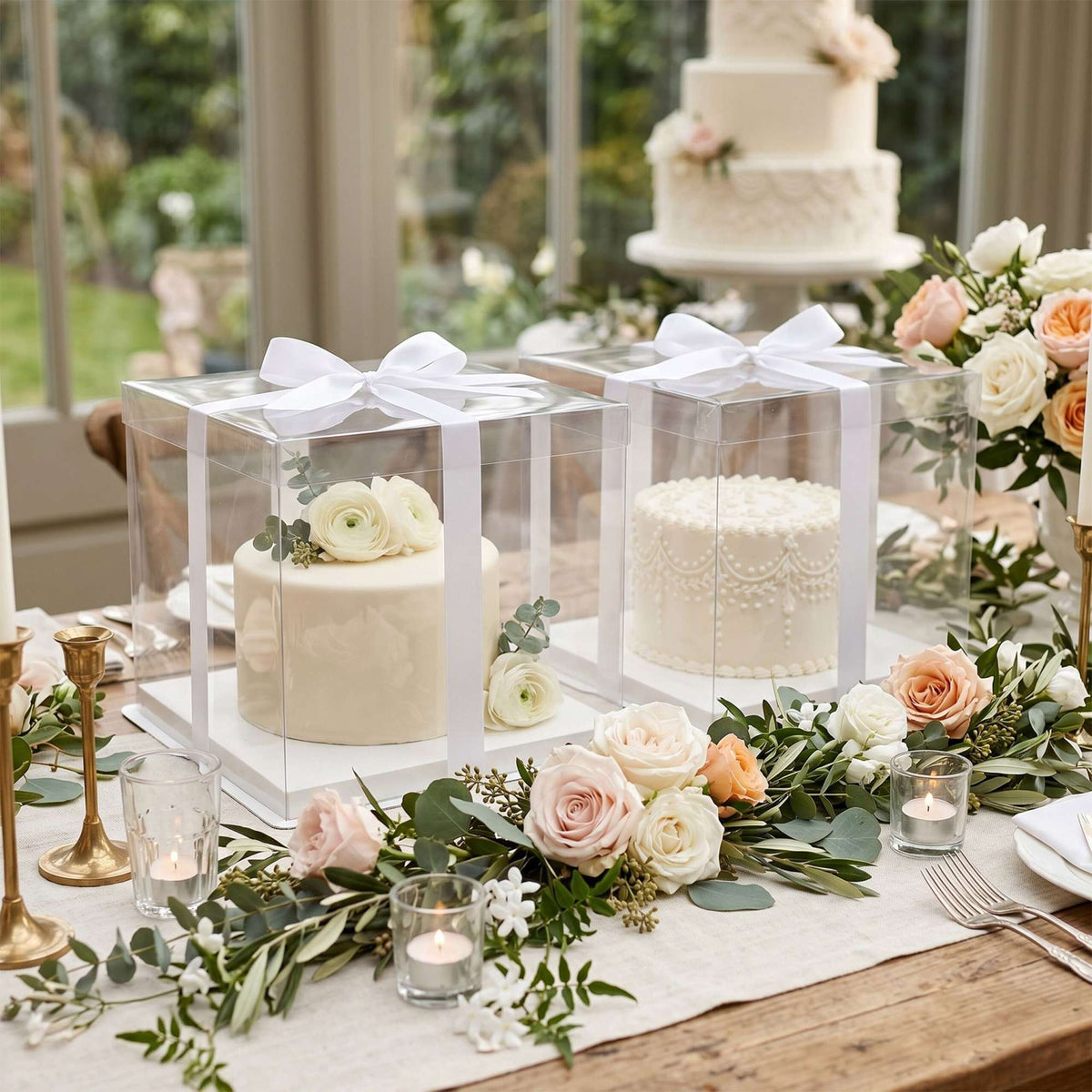 Clear Cake Boxes, Set Of 2 With Lids And Satin Ribbon