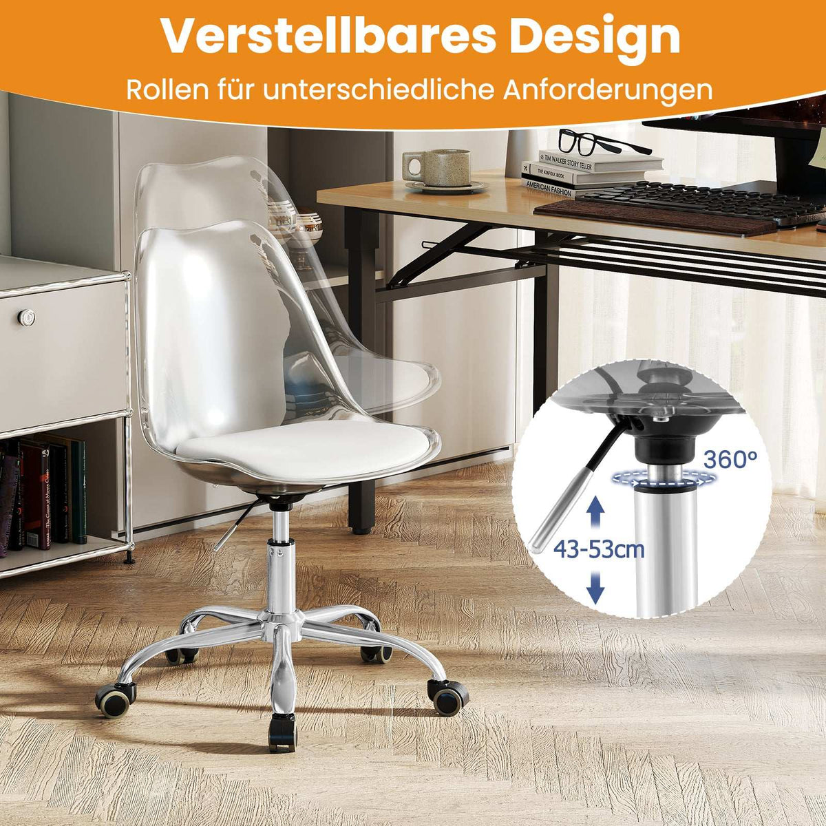 Clear PET Office Chair – Adjustable, Swivel, Ergonomic