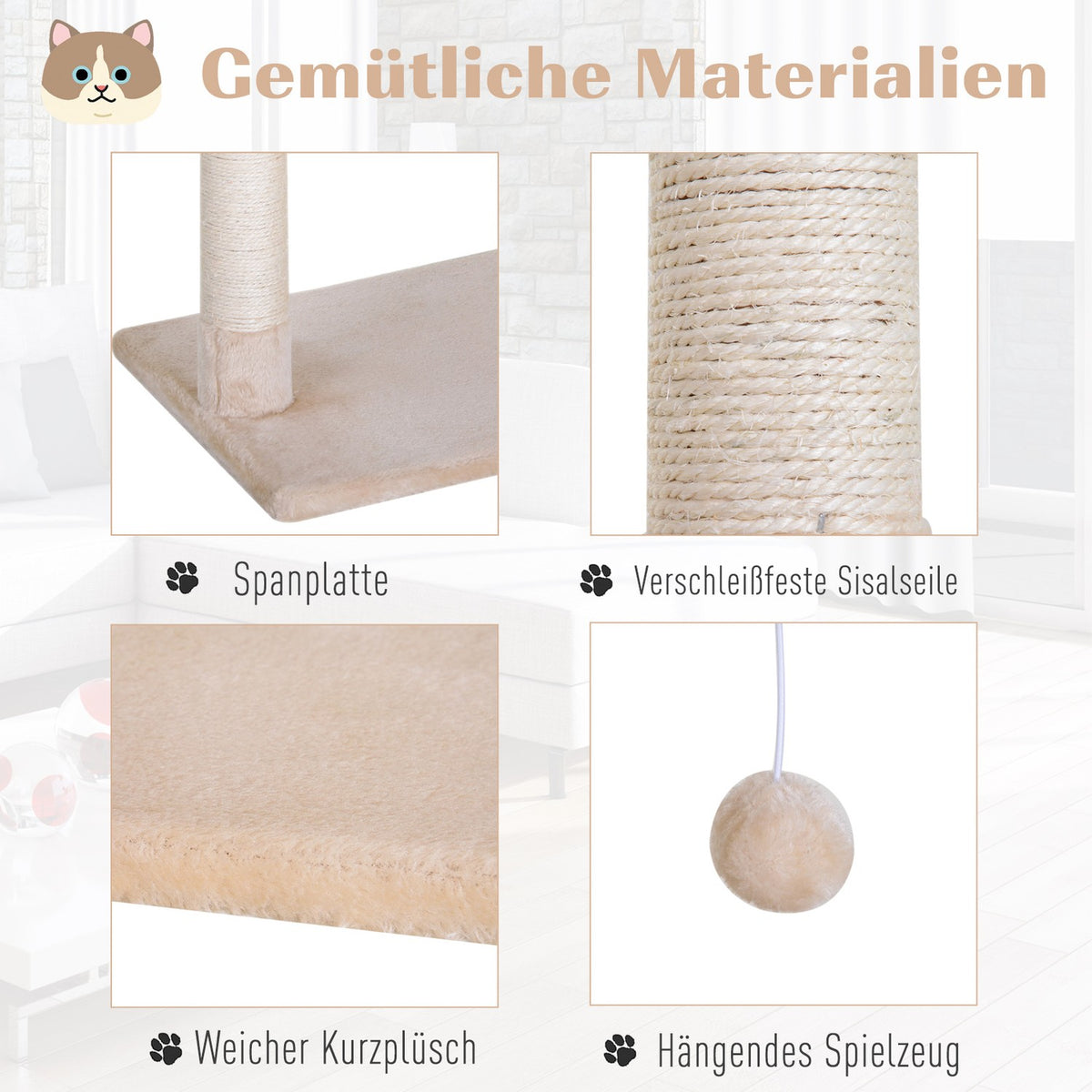 Climbing Tree Beige Scratching Post Sisal Column Plush Hammock 50X36X70Cm