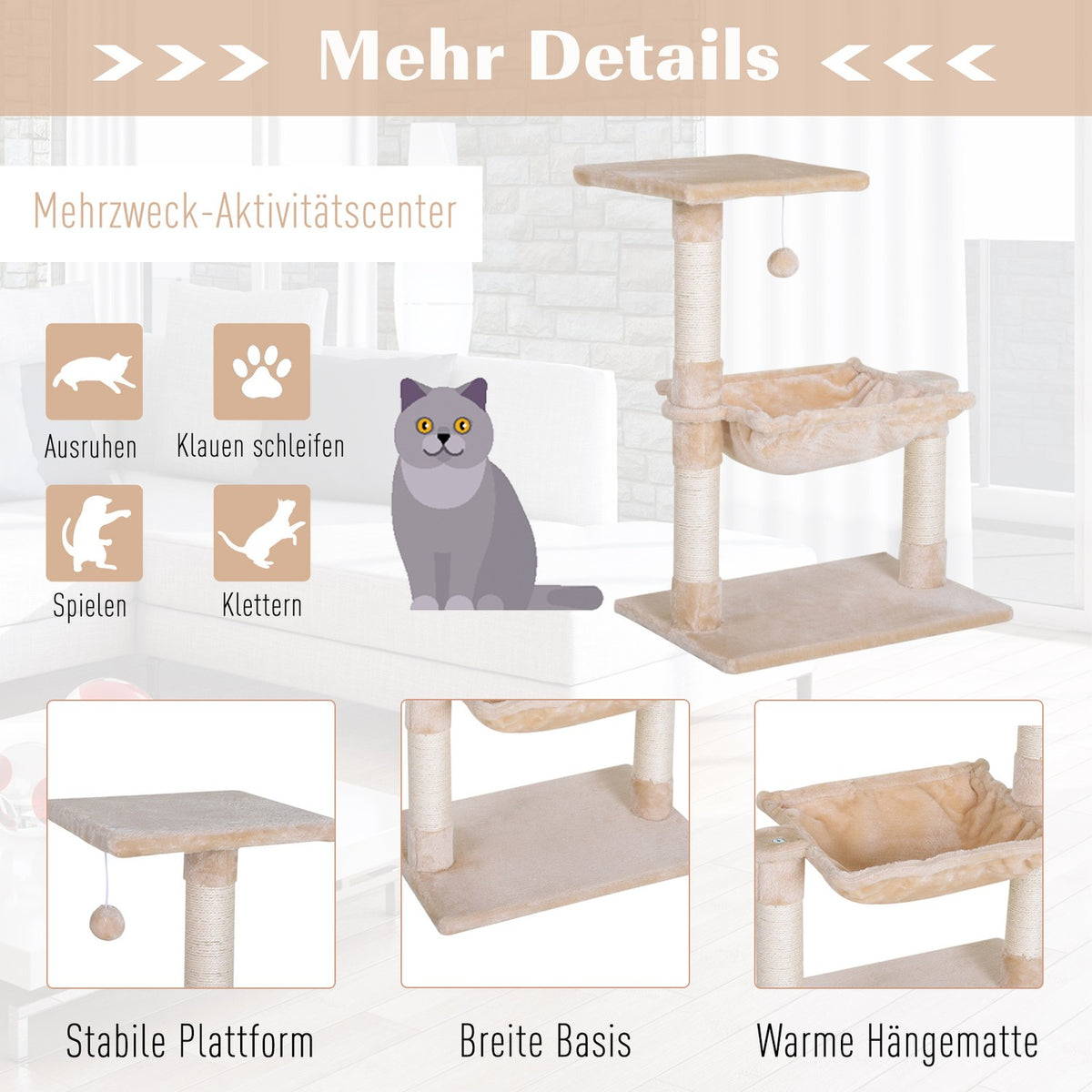 Climbing Tree Beige Scratching Post Sisal Column Plush Hammock 50X36X70Cm