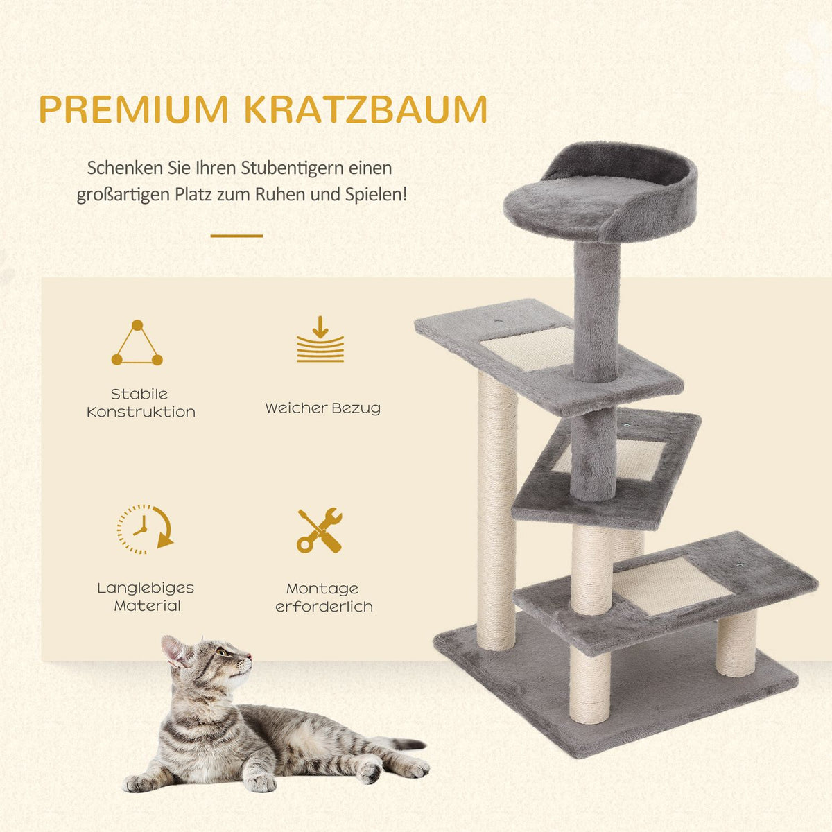 Climbing Tree For Cats Play & Scratching Post With Stairs, 5 Levels, Beige/Grey, 48X48X99.5Cm