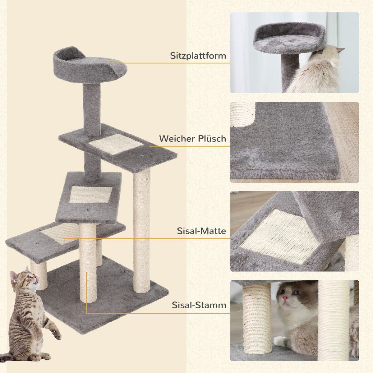 Climbing Tree For Cats Play & Scratching Post With Stairs, 5 Levels, Beige/Grey, 48X48X99.5Cm