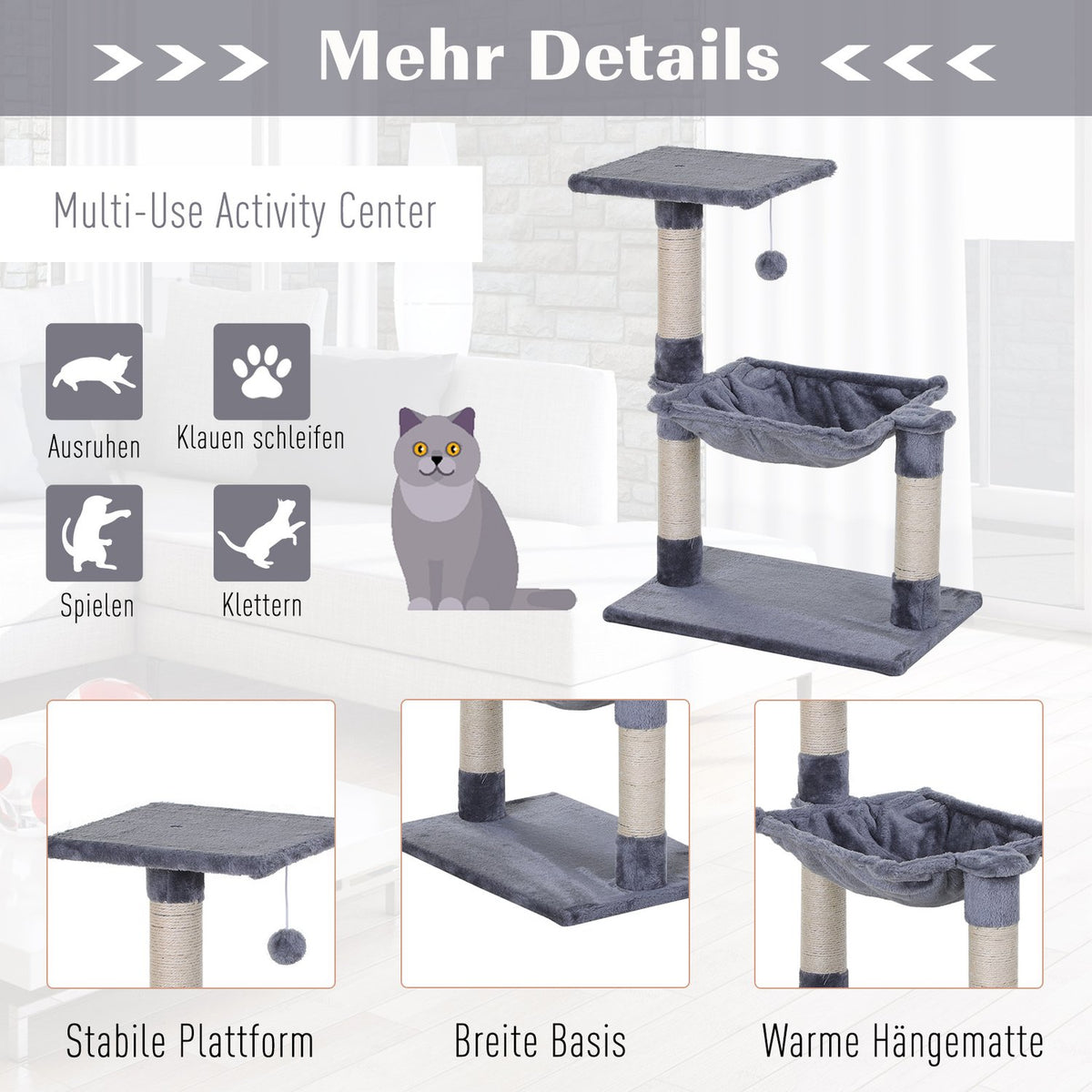 Climbing Tree Gray Cat Tree Scratching Post With Sisal Column & Plush Hammock, 50X36X70Cm