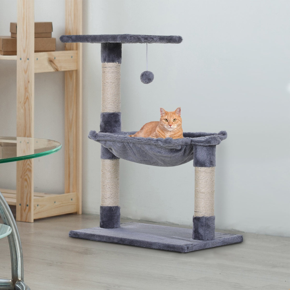 Climbing Tree Gray Cat Tree Scratching Post With Sisal Column & Plush Hammock, 50X36X70Cm