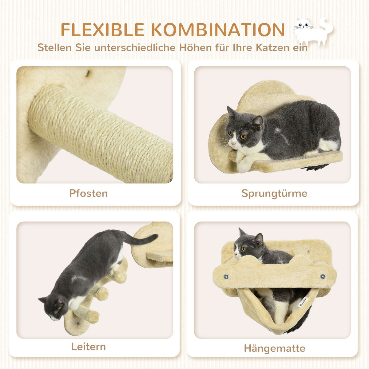 Climbing Wall For Cats 4 Piece Set With Stairs, Hammock, Jumping Platform, Plush, Up To 5Kg