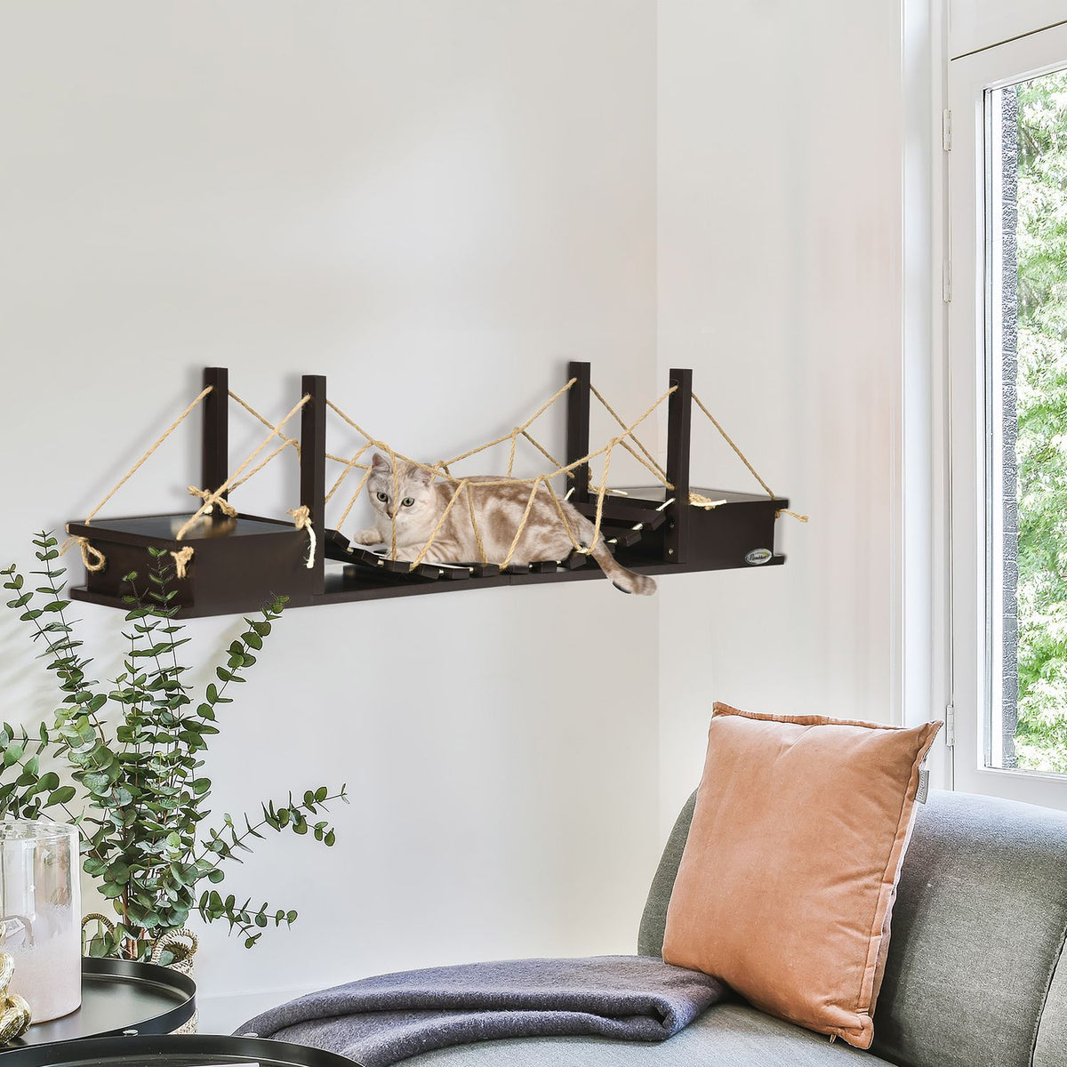 Climbing Wall For Cats Wall Scratching Post With Suspension Bridge, Up To 5 Kg, Wall Mounted, Brown, 96X20X25.5 Cm