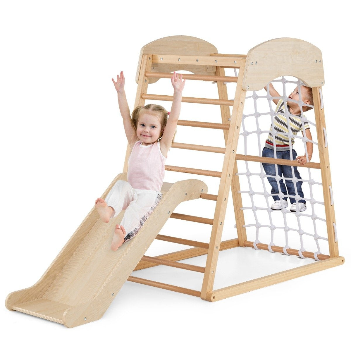 Climbing frame indoor 6 in 1 pull up bar & slide & climbing rocks & climbing net natural