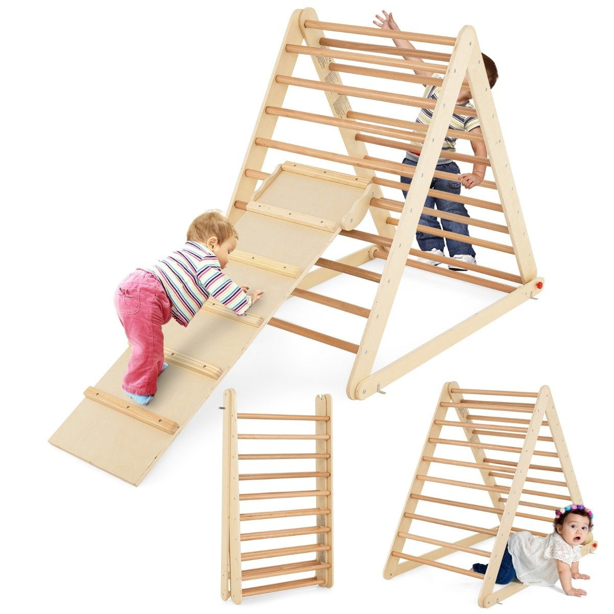 Climbing triangle with ladder. Foldable climbing frame, rung triangle for development in nature