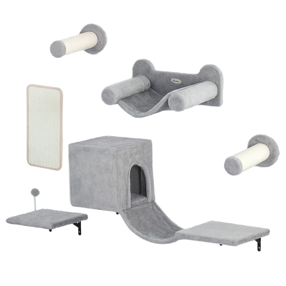 Climbing wall for cats 6-piece cat climbing wall set with cat house, hammock, platform and scratching board grey