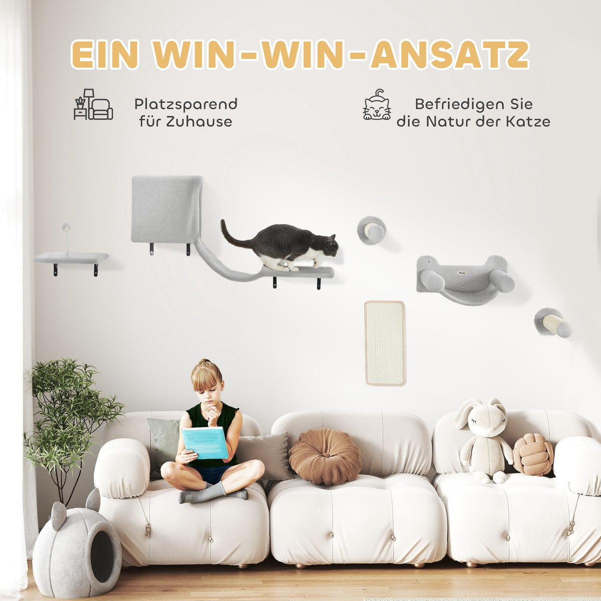 Climbing wall for cats 6-piece cat climbing wall set with cat house, hammock, platform and scratching board grey