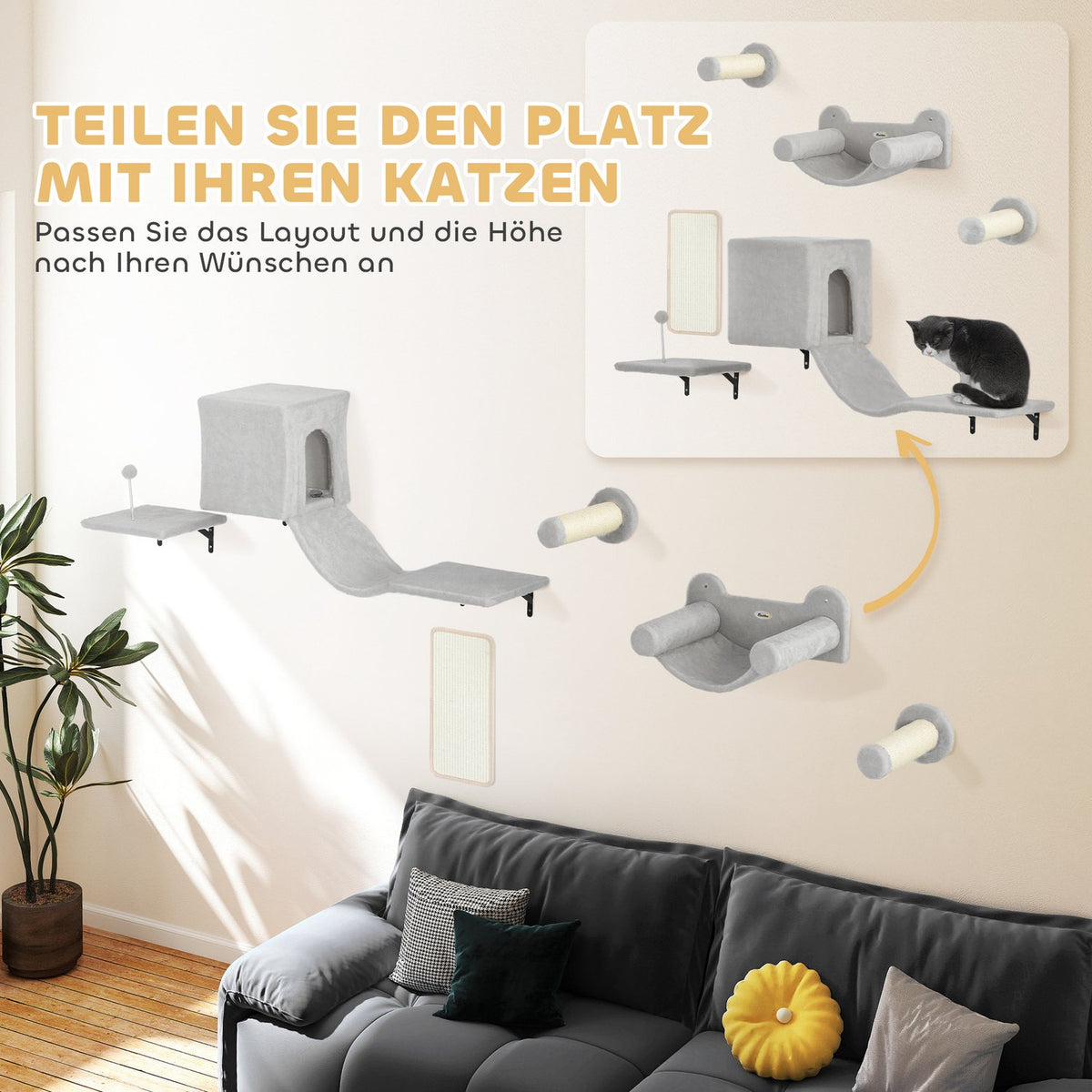 Climbing wall for cats 6-piece cat climbing wall set with cat house, hammock, platform and scratching board grey