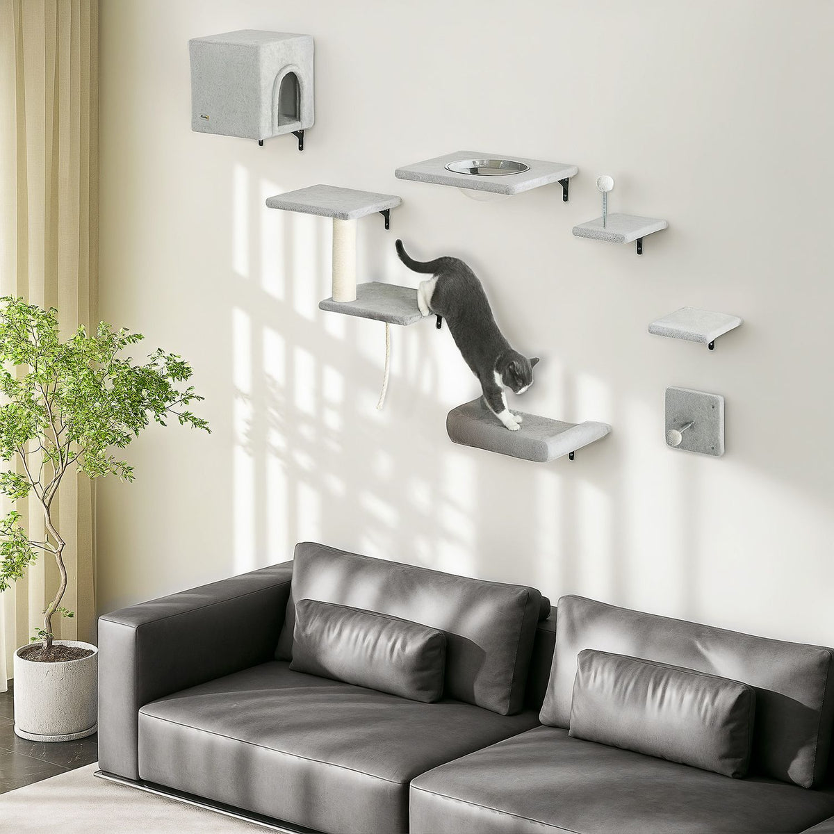 Climbing wall for cats 7-piece cat climbing wall set with cat house, platform, platform gray