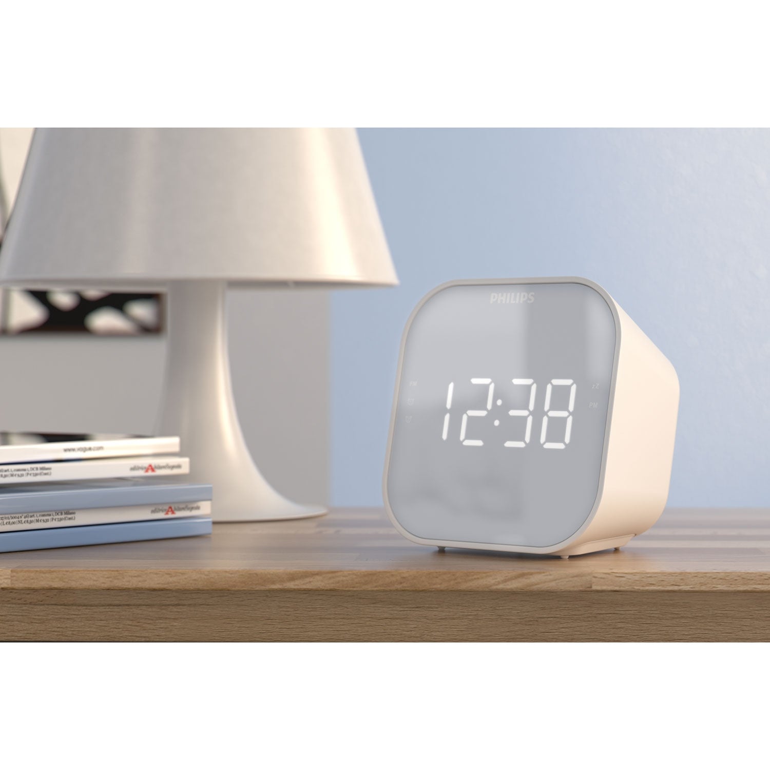 Clock radio with mirror-finish front. Digital FM receiver. USB output for mobile charging