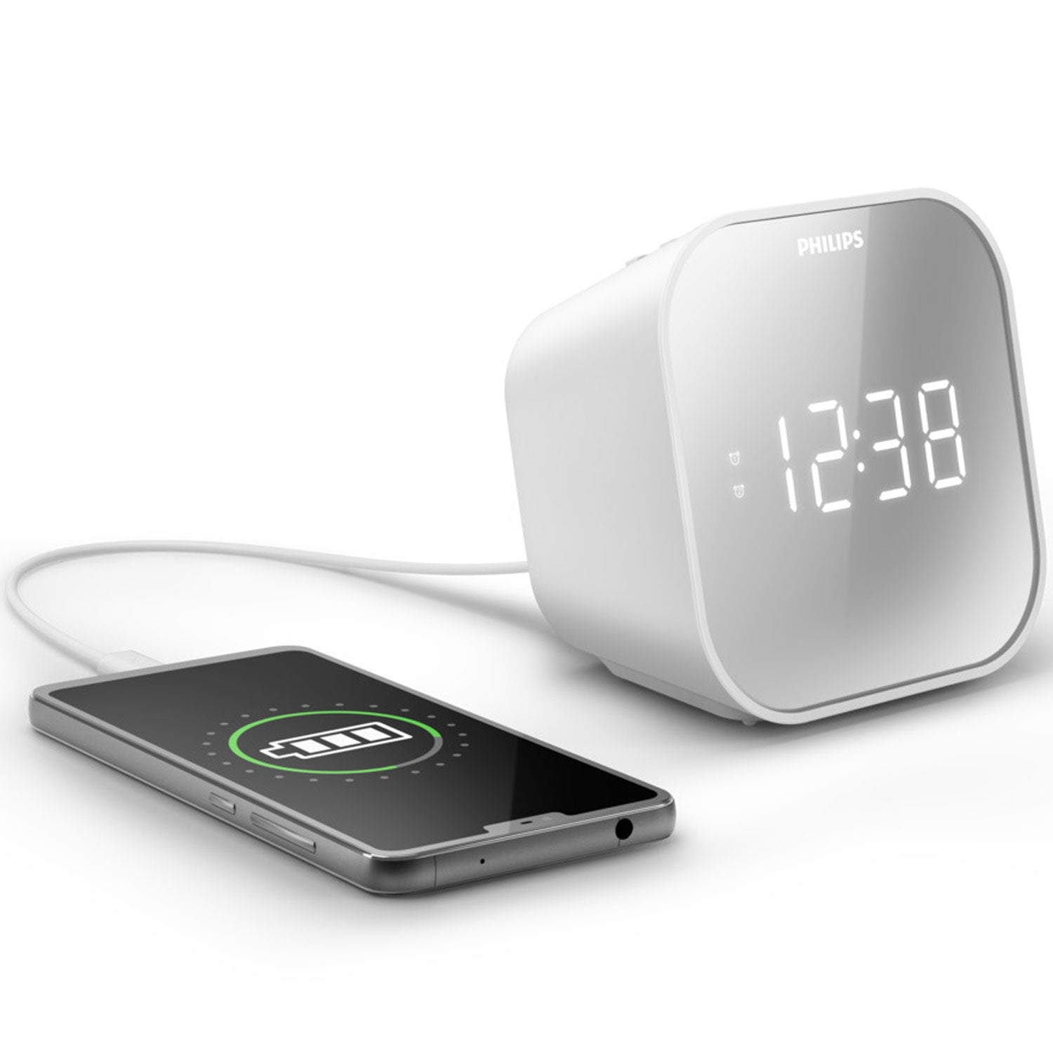 Clock radio with mirror-finish front. Digital FM receiver. USB output for mobile charging