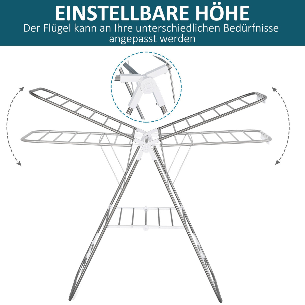 Clothes Airer Foldable Portable Wing Dryer Telescopic Rods Stainless Steel Plastic Silver + White 146X60.5X98Cm
