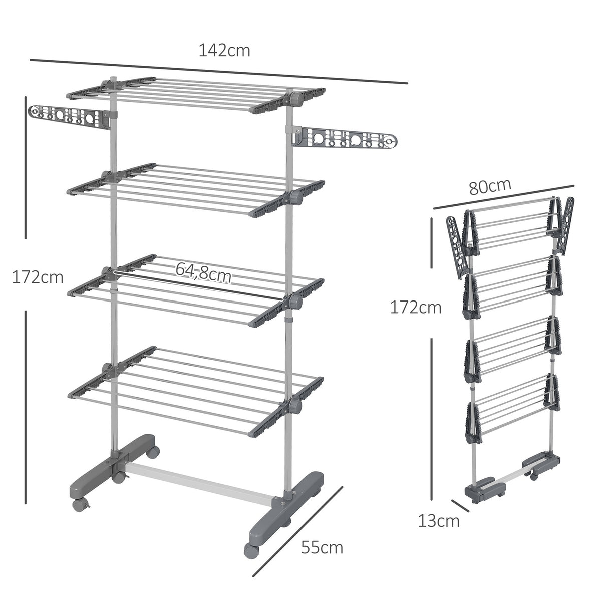 Clothes Airer With Wheels, Clothes Dryer Tower, Stand Dryer With Folding Wing, Laundry Tower For Indoor, Outdoor, Steel