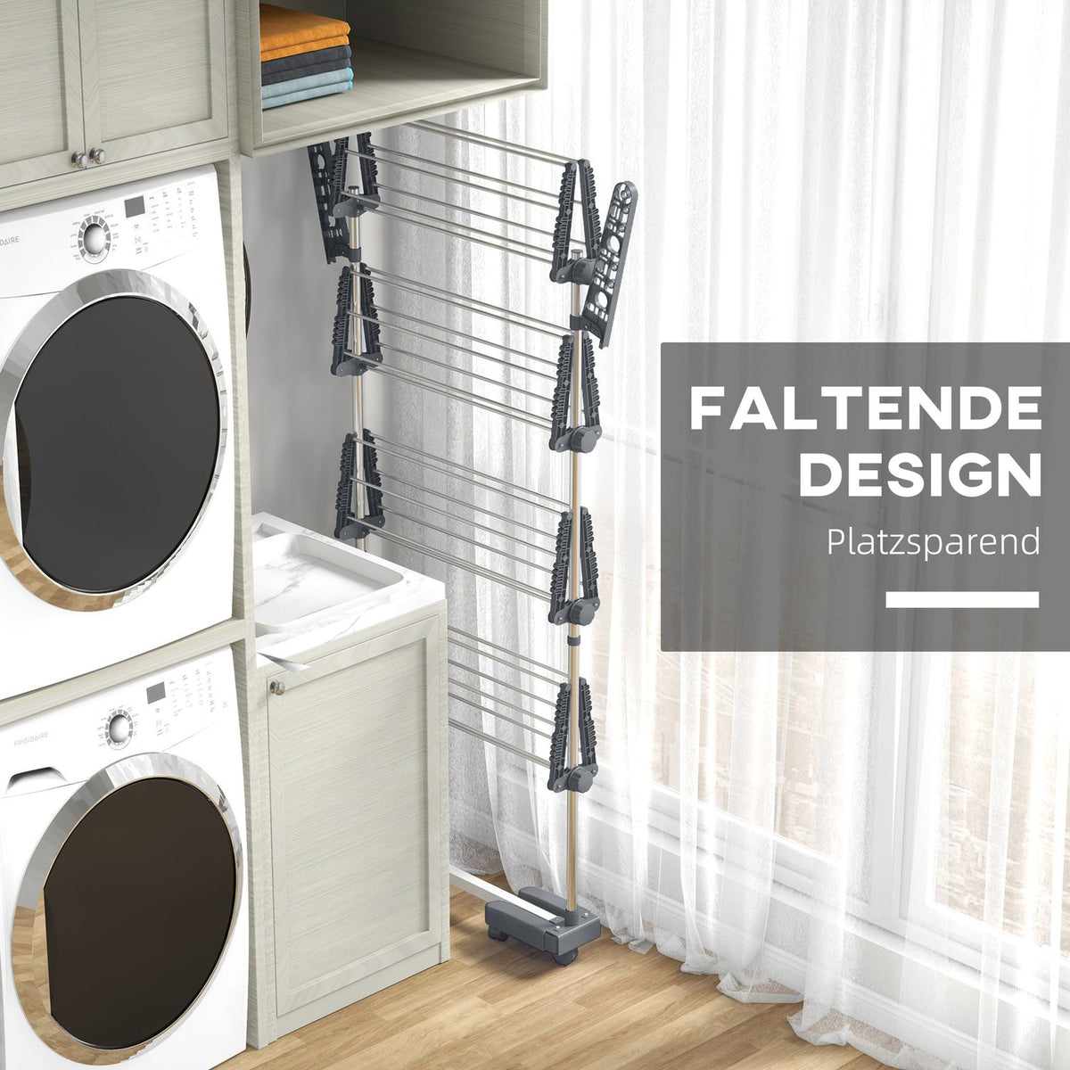 Clothes Airer With Wheels, Clothes Dryer Tower, Stand Dryer With Folding Wing, Laundry Tower For Indoor, Outdoor, Steel
