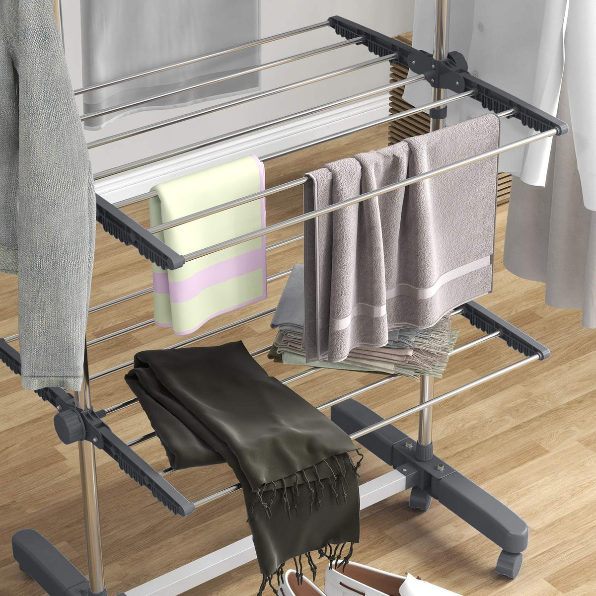 Clothes Airer With Wheels, Clothes Dryer Tower, Stand Dryer With Folding Wing, Laundry Tower For Indoor, Outdoor, Steel