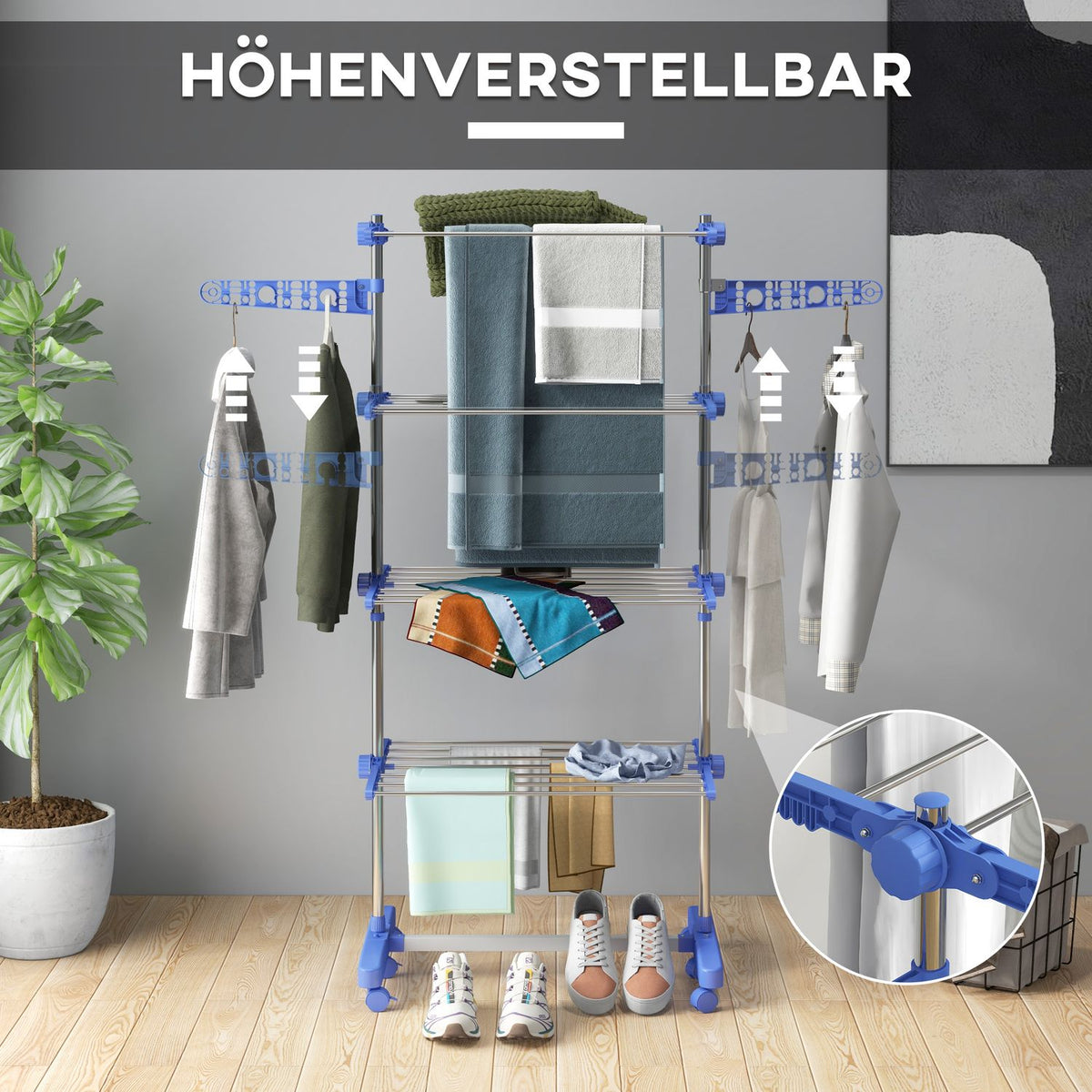 Clothes Airer With Wheels, Clothes Dryer Tower, Stand Dryer With Folding Wing, Laundry Tower, Steel, Blue