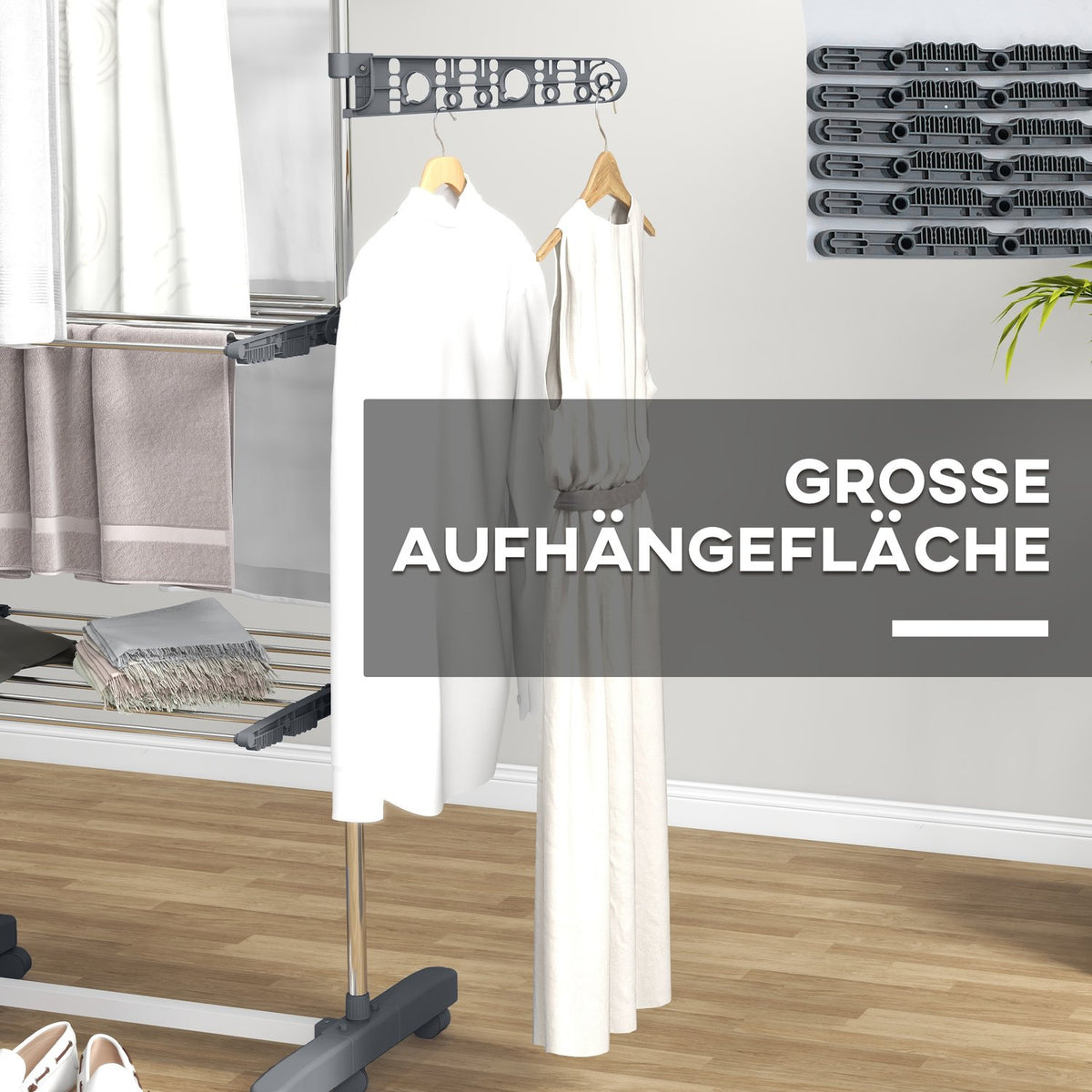 Clothes Dryer Tower Clothes Airer With Wheels, 3 Levels, Foldable Stand Dryer With Side Wings, Laundry Tower For Indoor, Outdoor, Steel Grey
