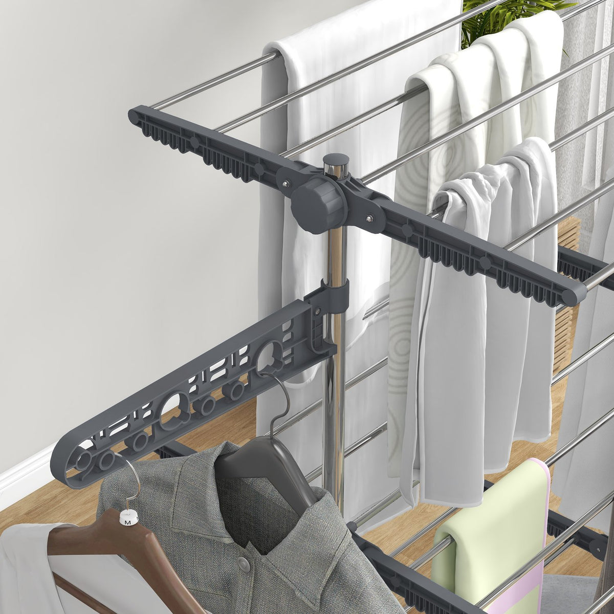 Clothes Dryer Tower Clothes Airer With Wheels, 3 Levels, Foldable Stand Dryer With Side Wings, Laundry Tower For Indoor, Outdoor, Steel Grey