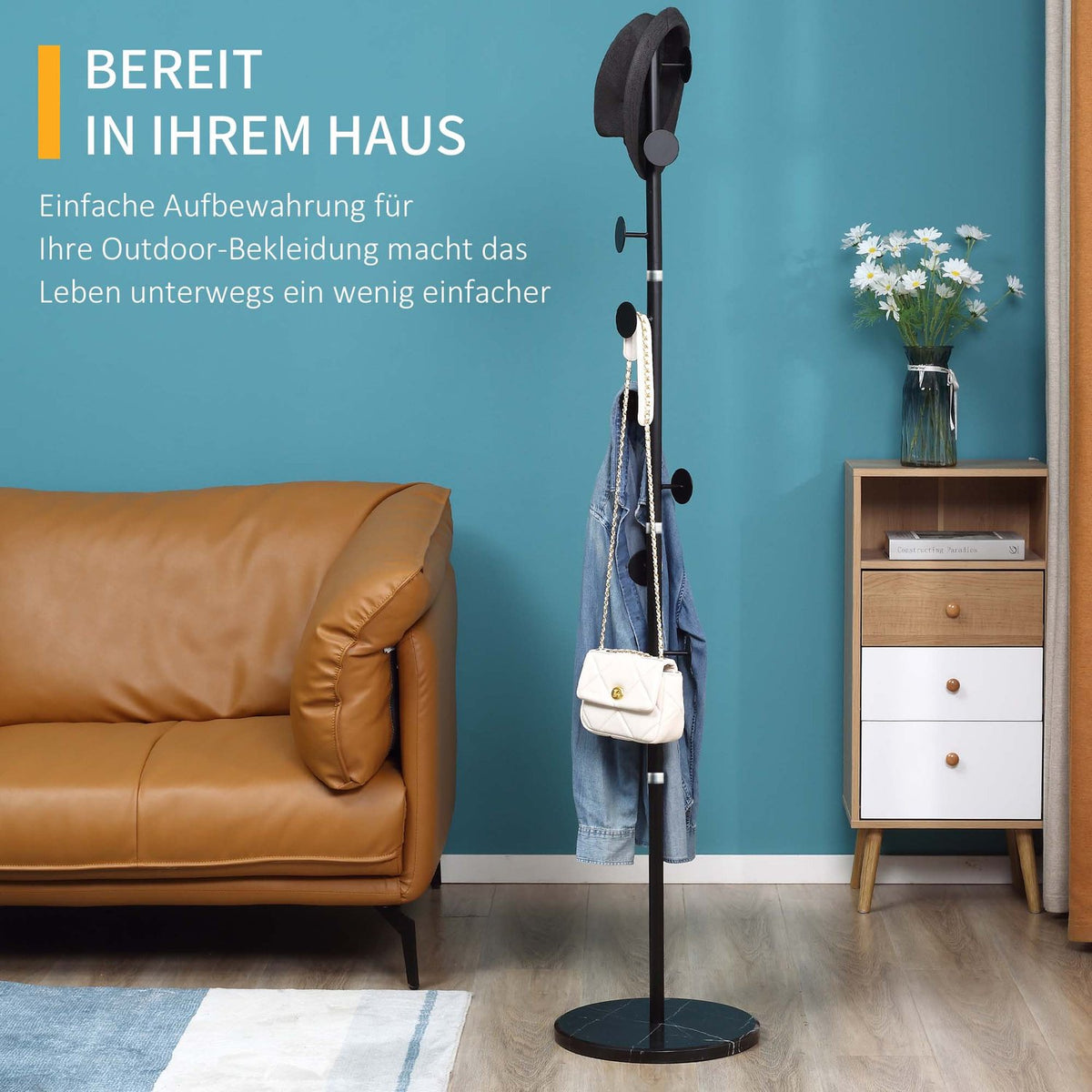 Clothes Rack, Coat Rack with 8 Hooks, Coat Rack for Clothes, Hats, Hallway, Entrance, Steel, Black, 35x 35 x 170 cm