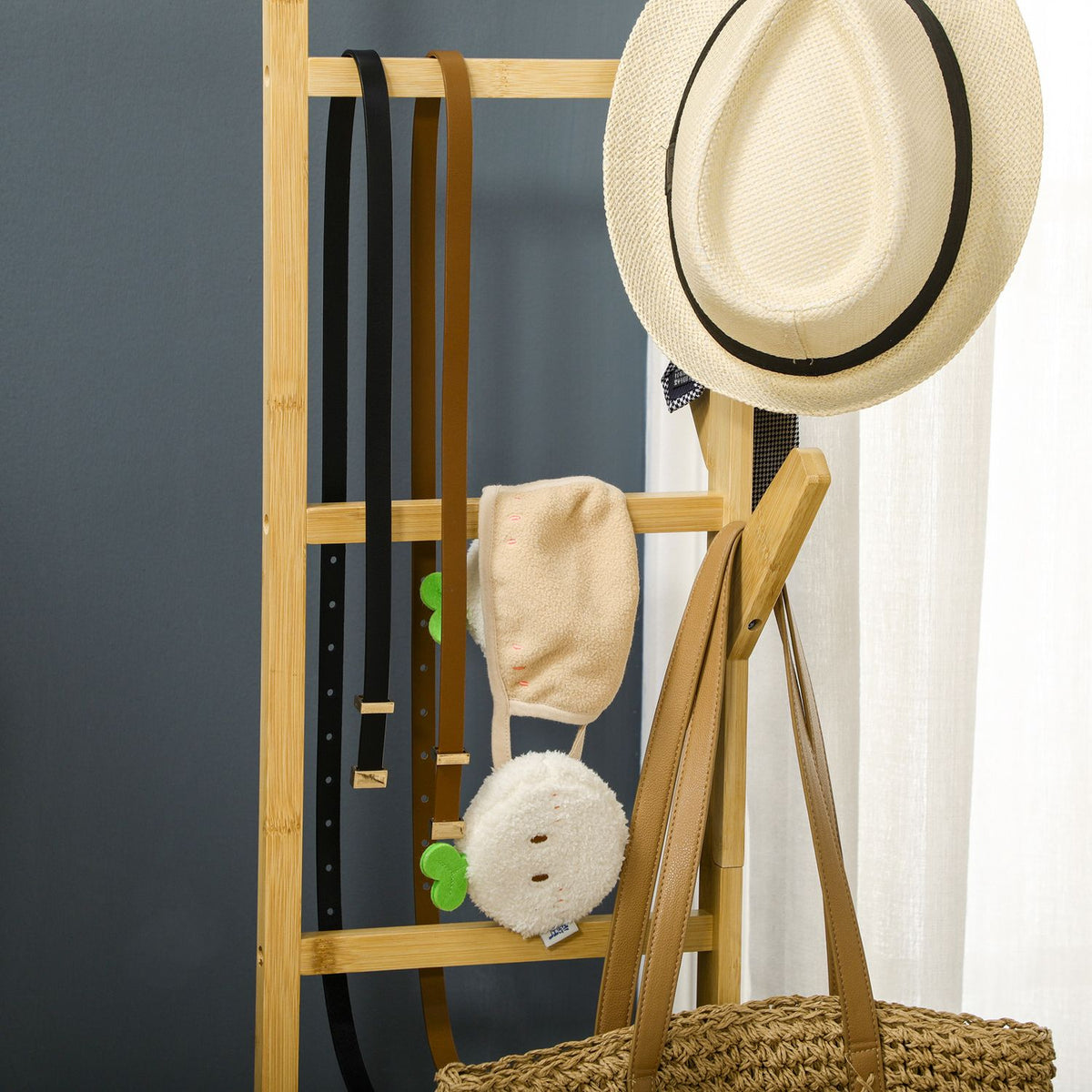 Clothes Rack With Hooks, Hanging Rail And Shelf, On Wheels, Made Of Bamboo, Natural