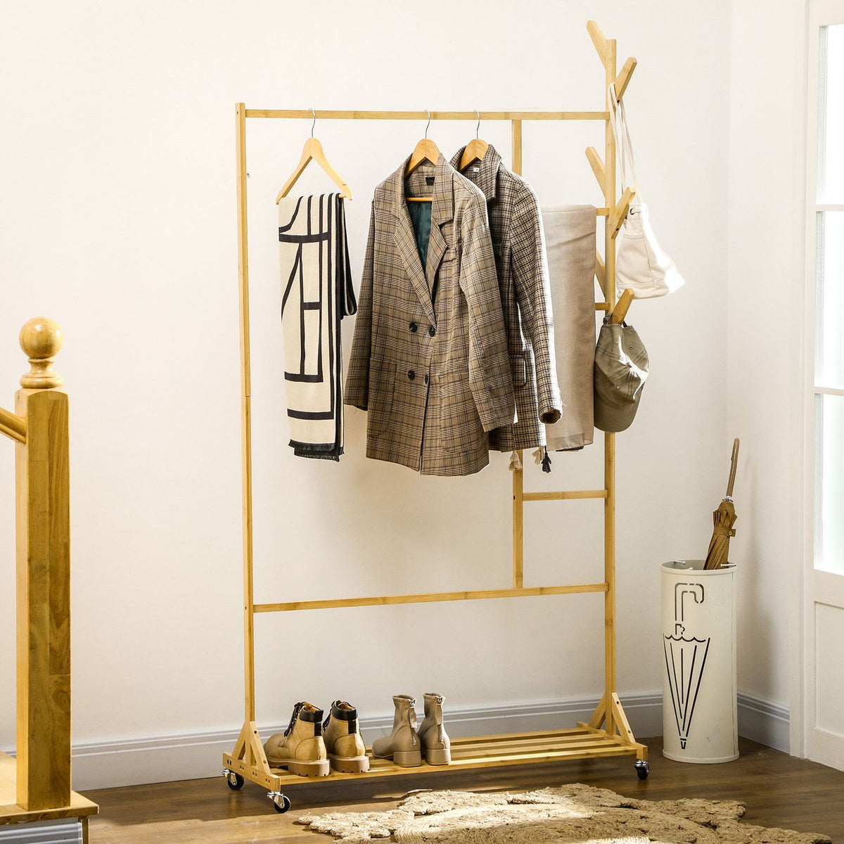 Clothes Rack With Hooks, Hanging Rail And Shelf, On Wheels, Made Of Bamboo, Natural