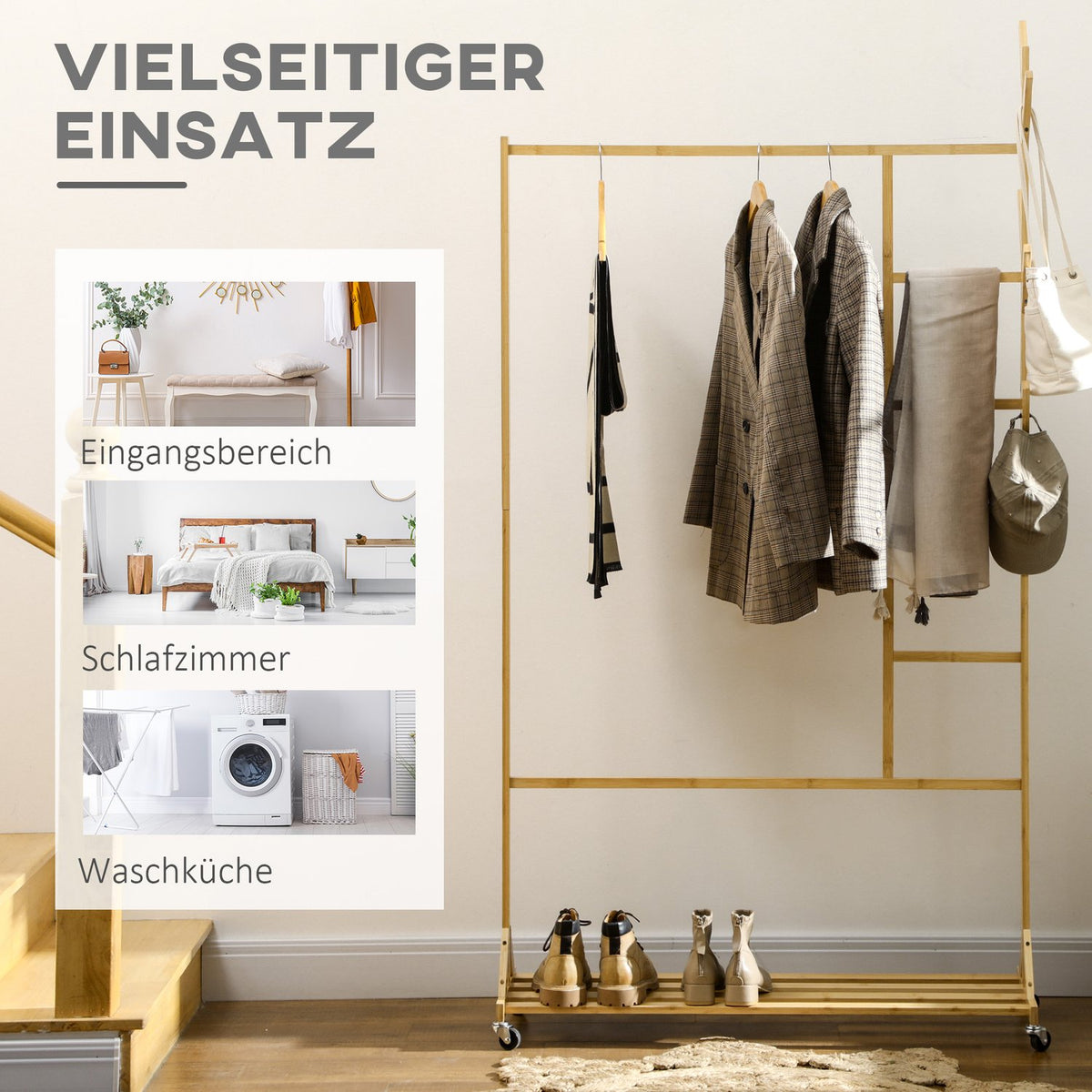 Clothes Rack With Hooks, Hanging Rail And Shelf, On Wheels, Made Of Bamboo, Natural