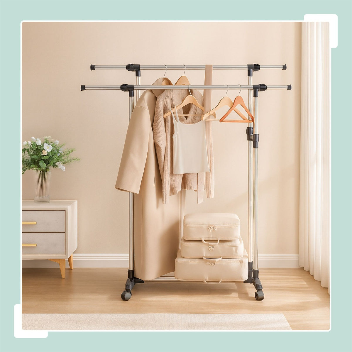 Clothes Rack with Adjustable Rails and Wheels