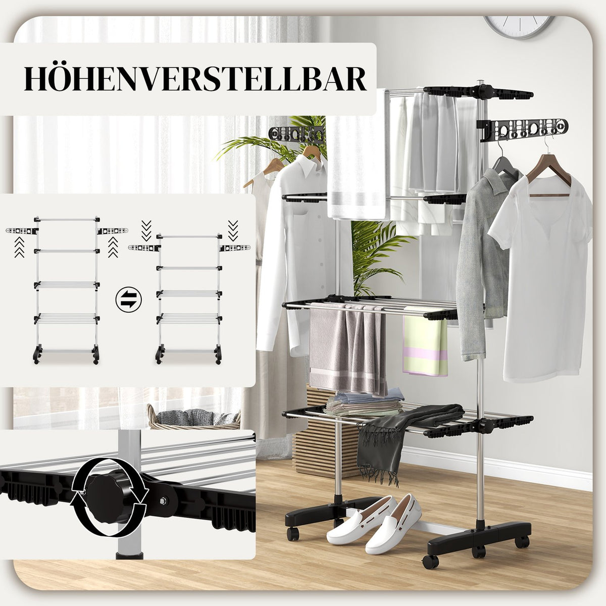 Clothes airer with wheels, clothes dryer tower, stand dryer with folding wing, laundry tower for indoor, outdoor, steel 142 x 55 x 172 cm, black