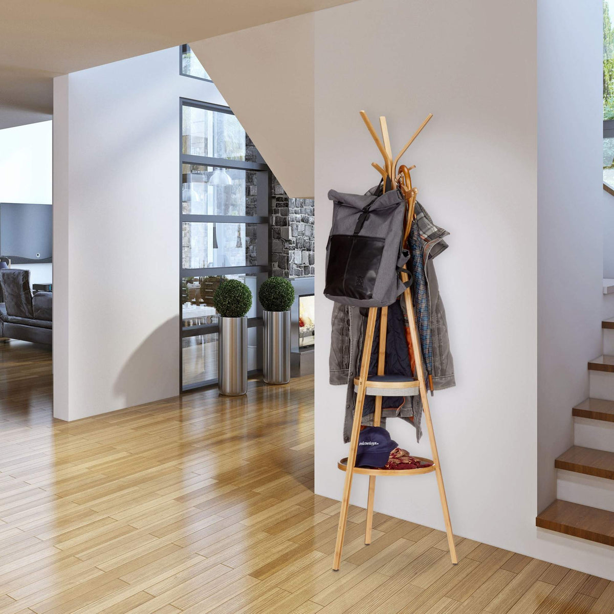 Clothes hanger in bamboo with shelves