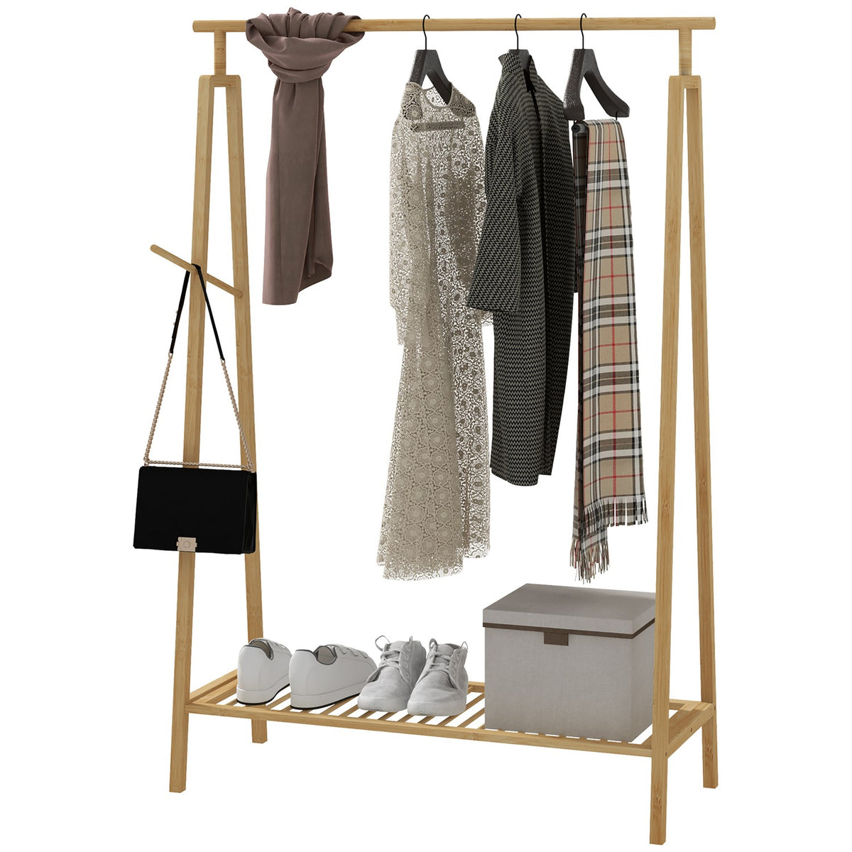 Clothes rack coat rack with coat hooks and shelf, coat rack for max. 4 shoes, bedroom and bathroom, bamboo, natural