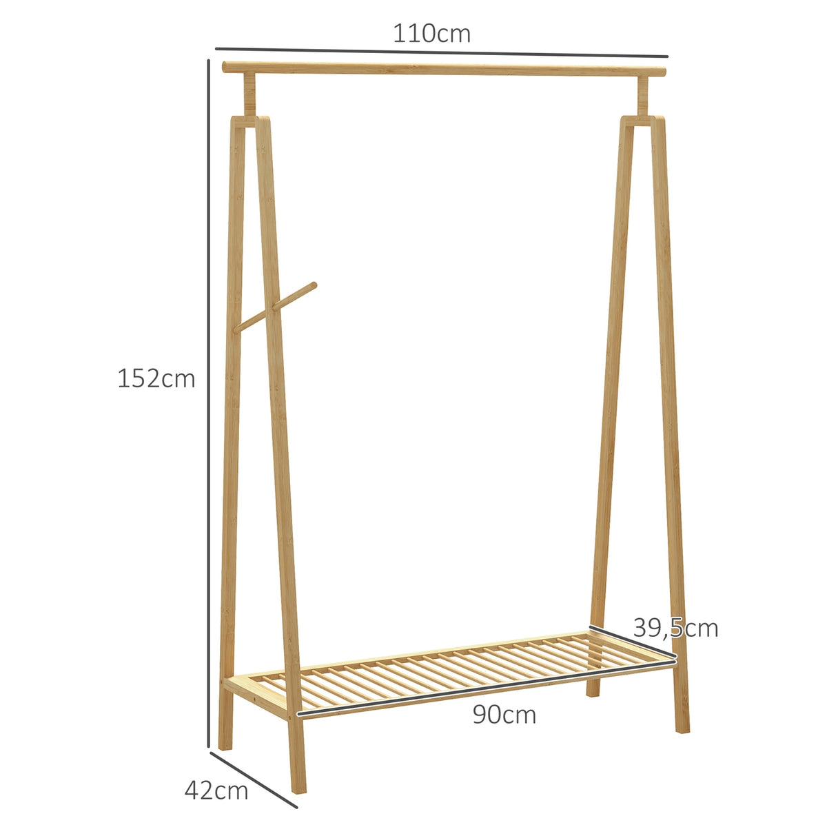 Clothes rack coat rack with coat hooks and shelf, coat rack for max. 4 shoes, bedroom and bathroom, bamboo, natural