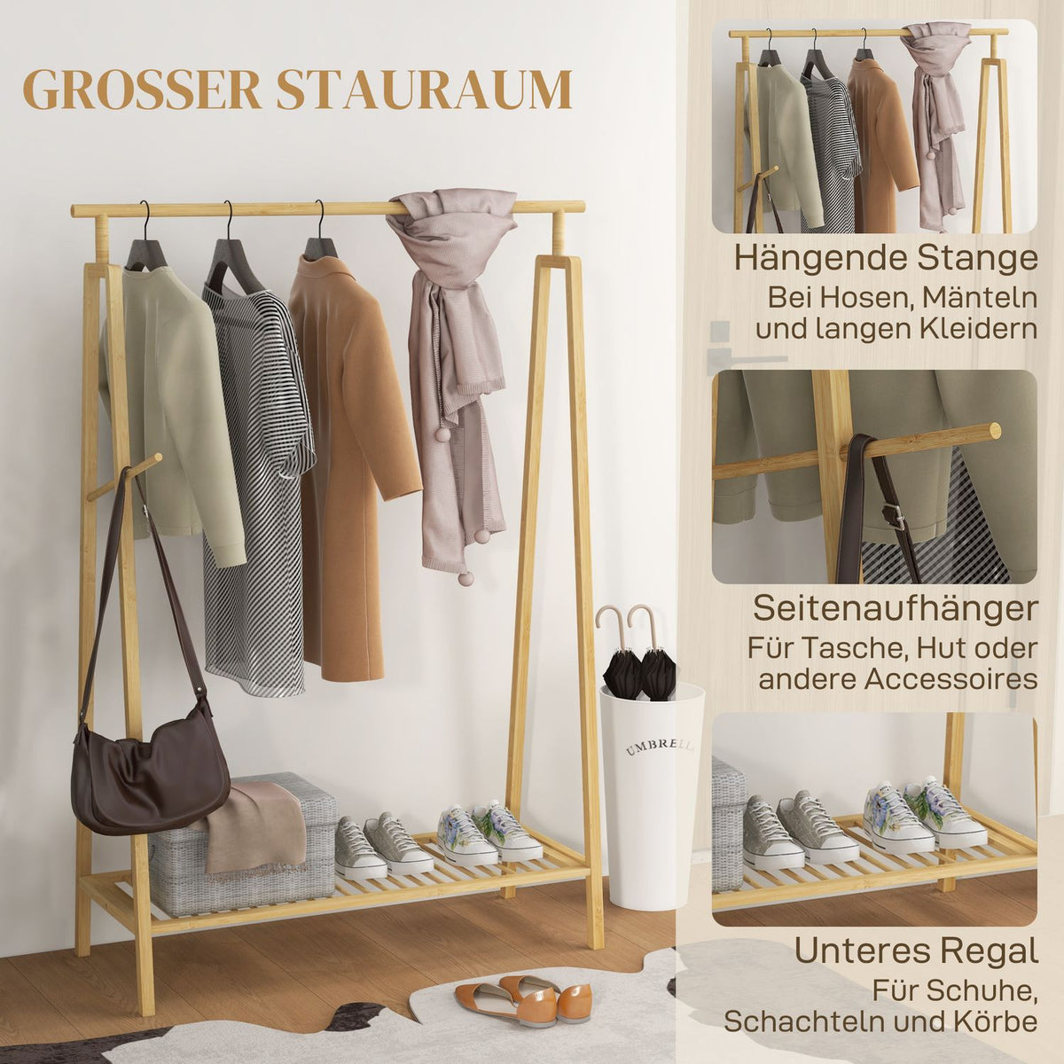 Clothes rack coat rack with coat hooks and shelf, coat rack for max. 4 shoes, bedroom and bathroom, bamboo, natural