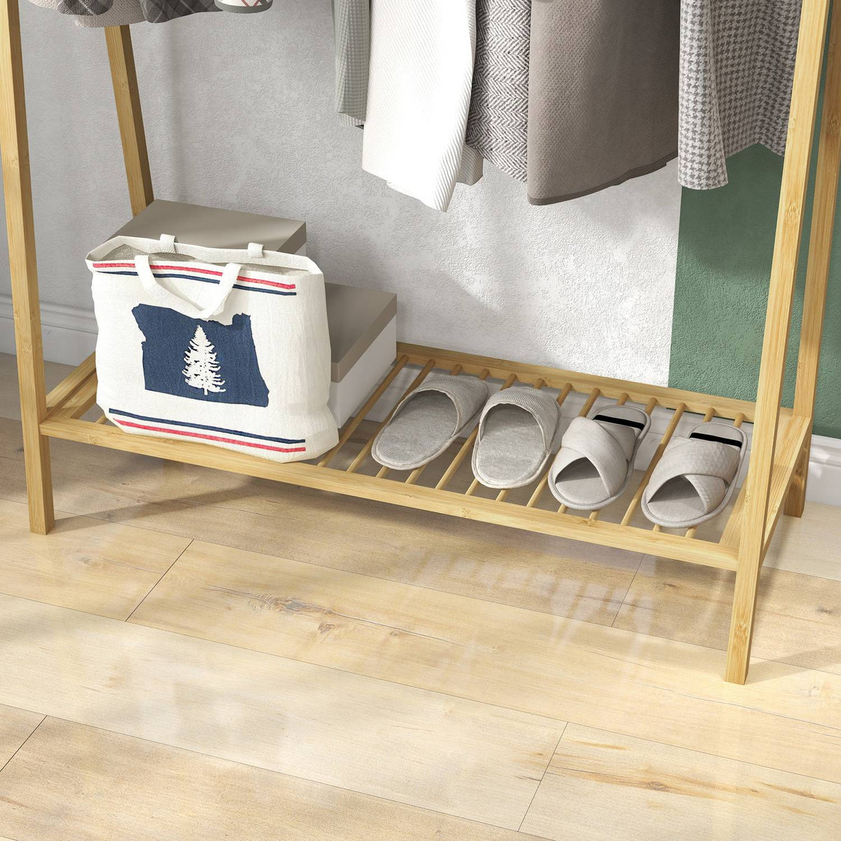 Clothes rack coat rack with coat hooks and shelf, coat rack for max. 4 shoes, bedroom and bathroom, bamboo, natural