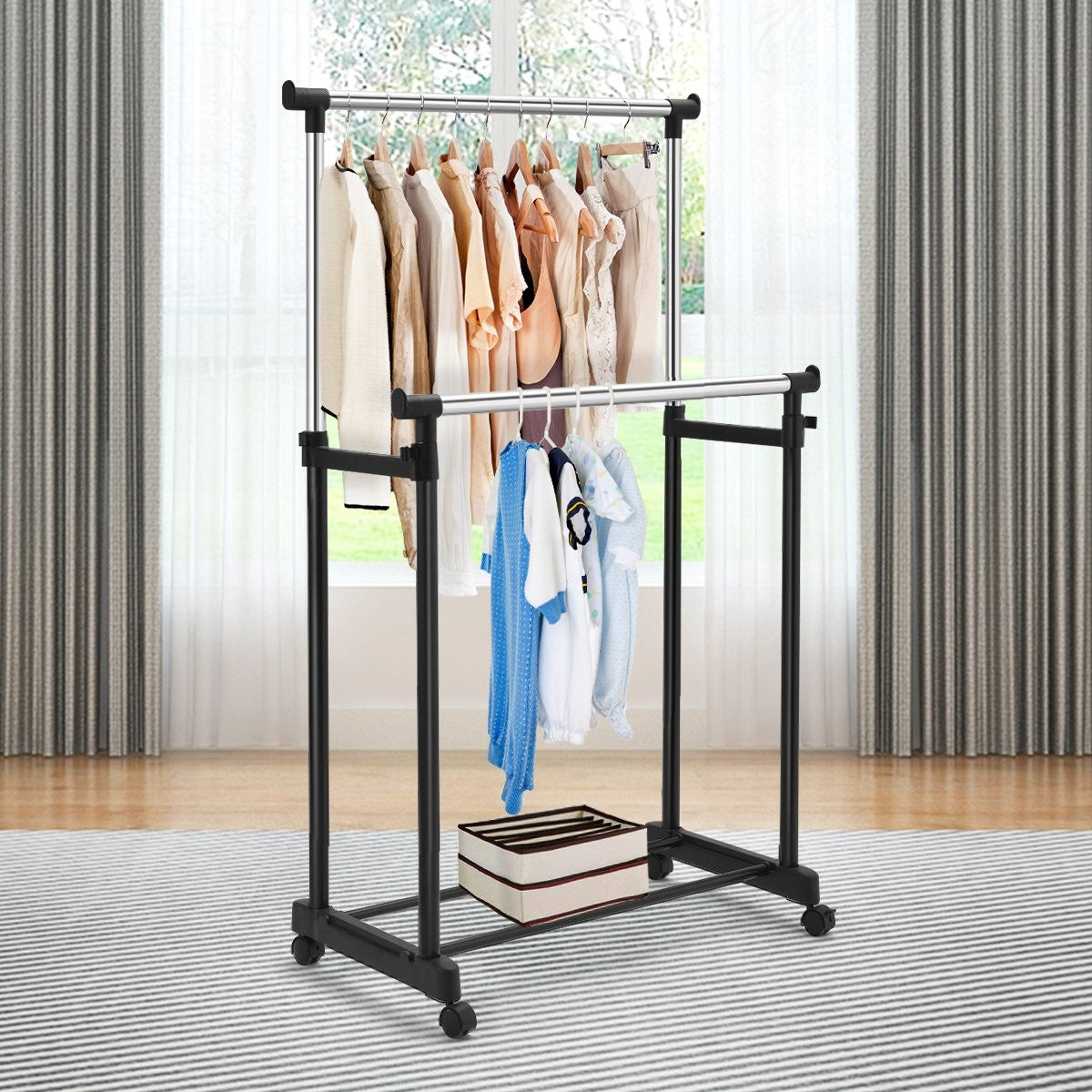 Clothes rack, height-adjustable coat rack, rolling coat rack with wheels, black, 86 x 43 x 94-168 cm